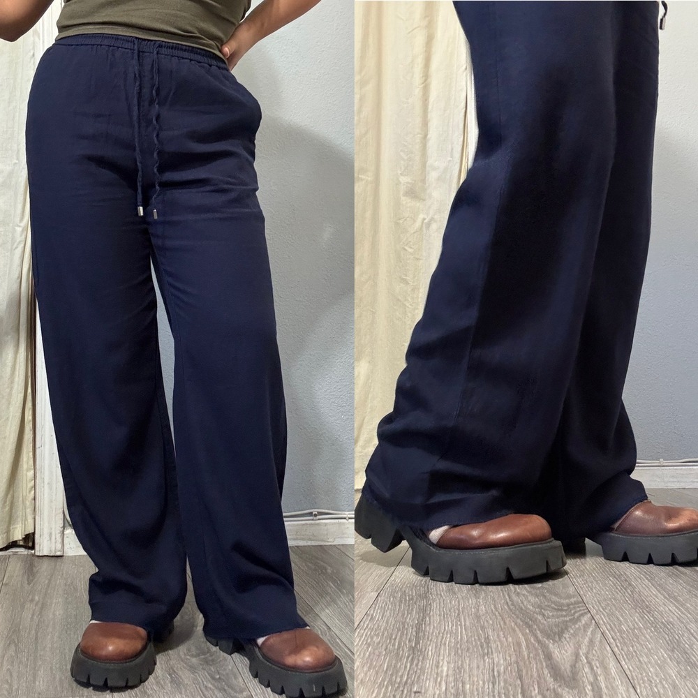 Zara Women Navy Blue Wide Leg Drawstring Elastic Waist Loose Fit Pants‎ Size S